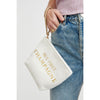 Woman wearing But First Urban Expressions Carry-All Writing Wristlet 818209012461 View 1 | But First