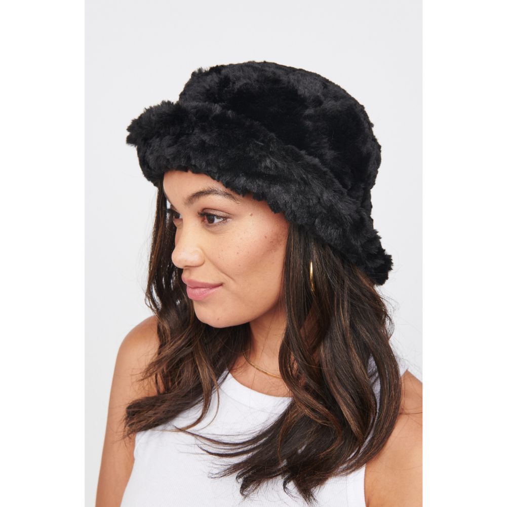 Woman wearing Black Urban Expressions Faux Fur Bucket Hat Bucket Hat 818209014618 View 2 | Black
