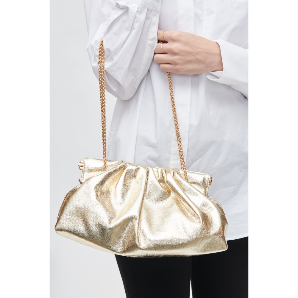 Woman wearing Gold Urban Expressions Kacey Clutch 840611112989 View 4 | Gold