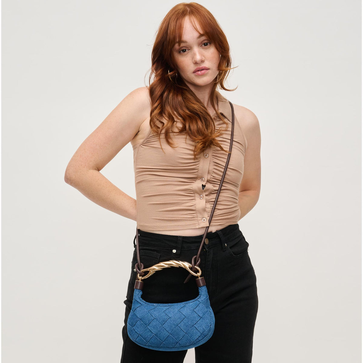 Woman wearing Denim Brown Urban Expressions Yvette Crossbody 840611143198 View 1 | Denim Brown