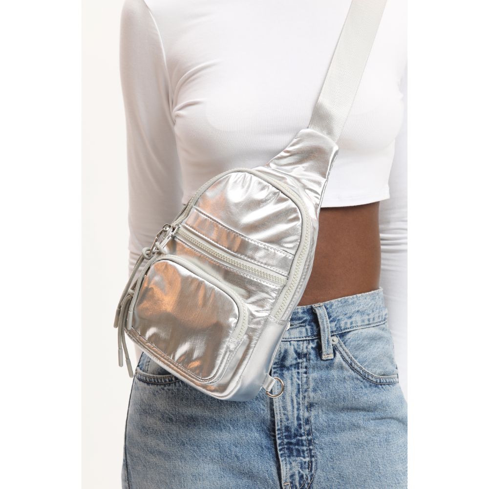 Woman wearing Silver Urban Expressions Sid Sling Backpack 840611120724 View 4 | Silver