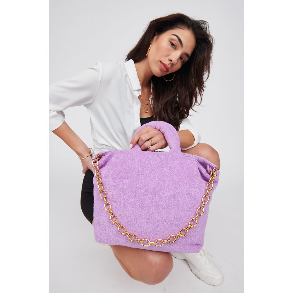 Woman wearing Lavender Urban Expressions Manisha - Terry Cloth Tote 818209019804 View 2 | Lavender