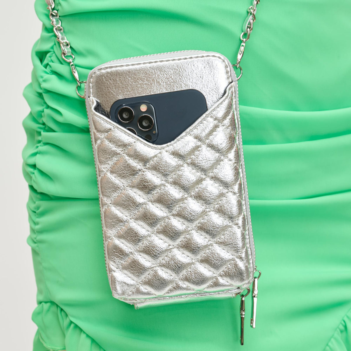 Woman wearing Silver Urban Expressions Bodie Cell Phone Crossbody 840611123398 View 4 | Silver