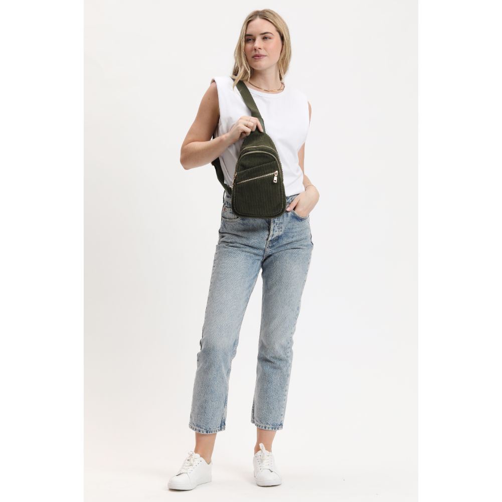 Woman wearing Olive Urban Expressions Zephyr - Corduroy Sling Backpack 840611116529 View 3 | Olive