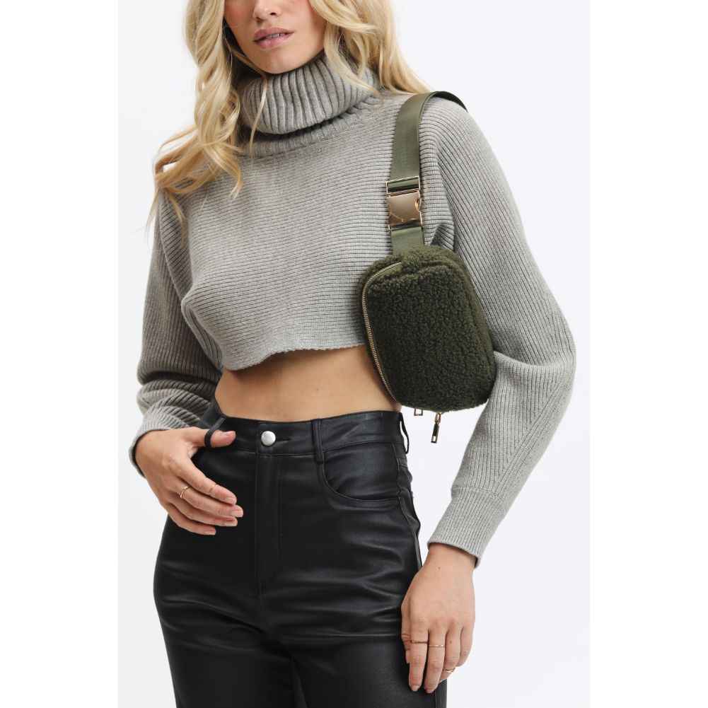 Woman wearing Olive Urban Expressions Santi Belt Bag 840611190482 View 3 | Olive