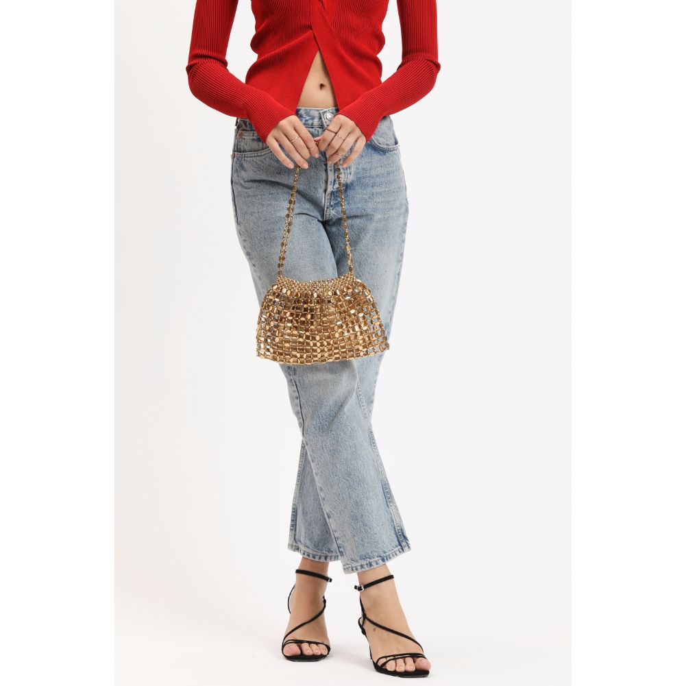 Woman wearing Gold Urban Expressions Frida Evening Bag 840611114730 View 3 | Gold