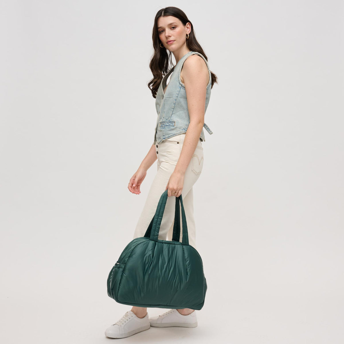 Woman wearing Hunter Green Urban Expressions Rae Duffel 840611141248 View 3 | Hunter Green