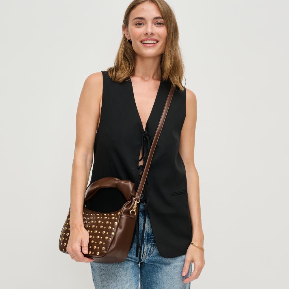 Woman wearing Espresso Urban Expressions Lennox Crossbody 840611194176 View 2 | Espresso