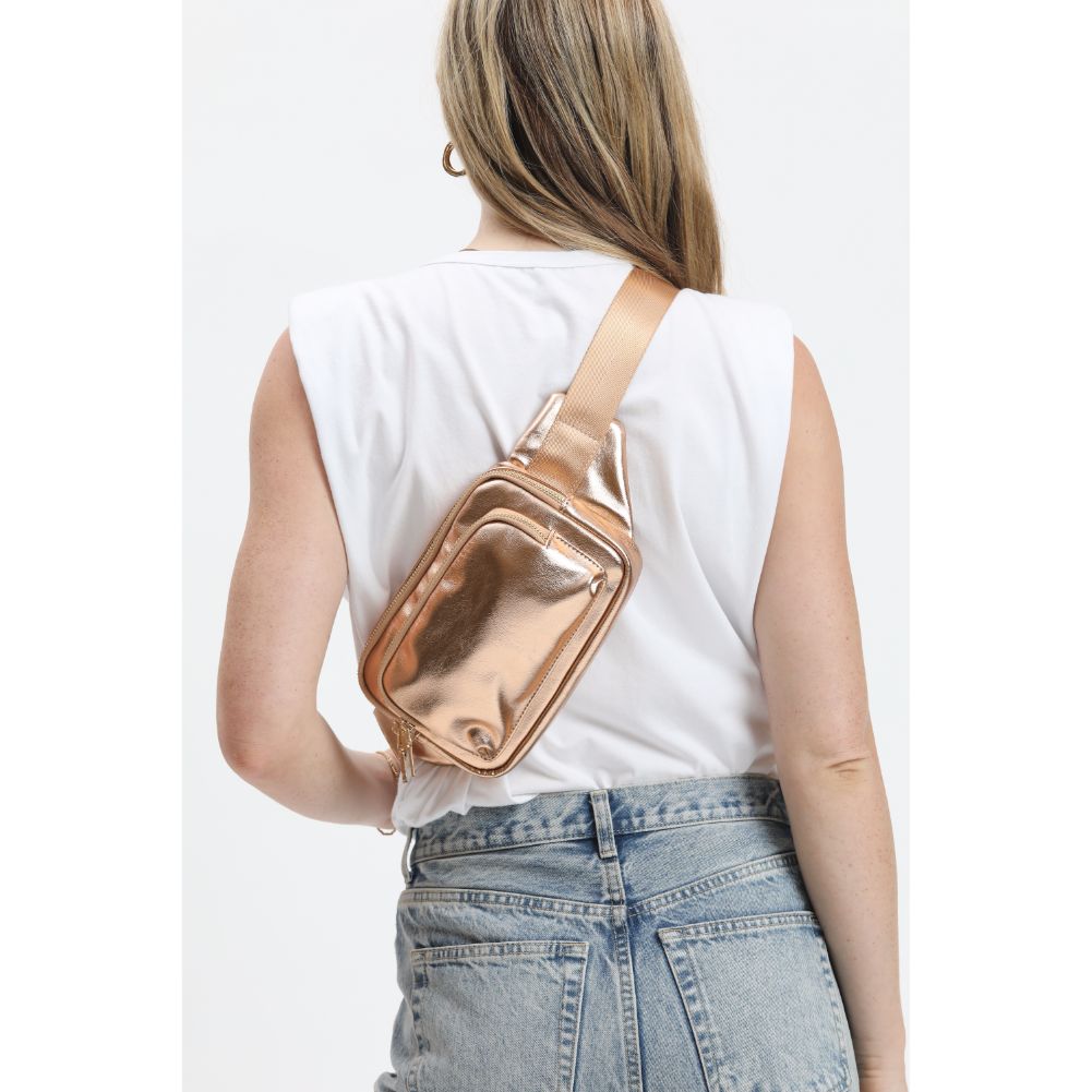 Woman wearing Rose Gold Urban Expressions Minnie Belt Bag 840611120878 View 2 | Rose Gold