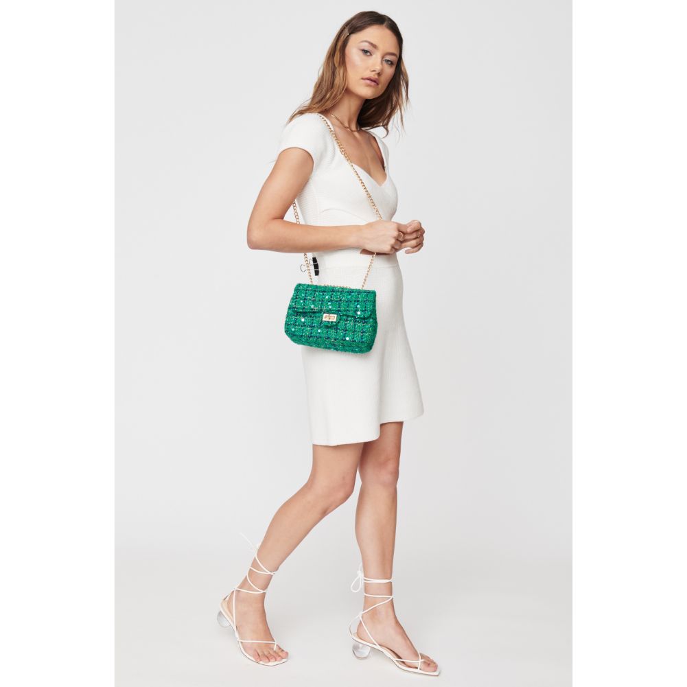 Woman wearing Emerald Urban Expressions Camille Tweed Crossbody 840611103154 View 4 | Emerald