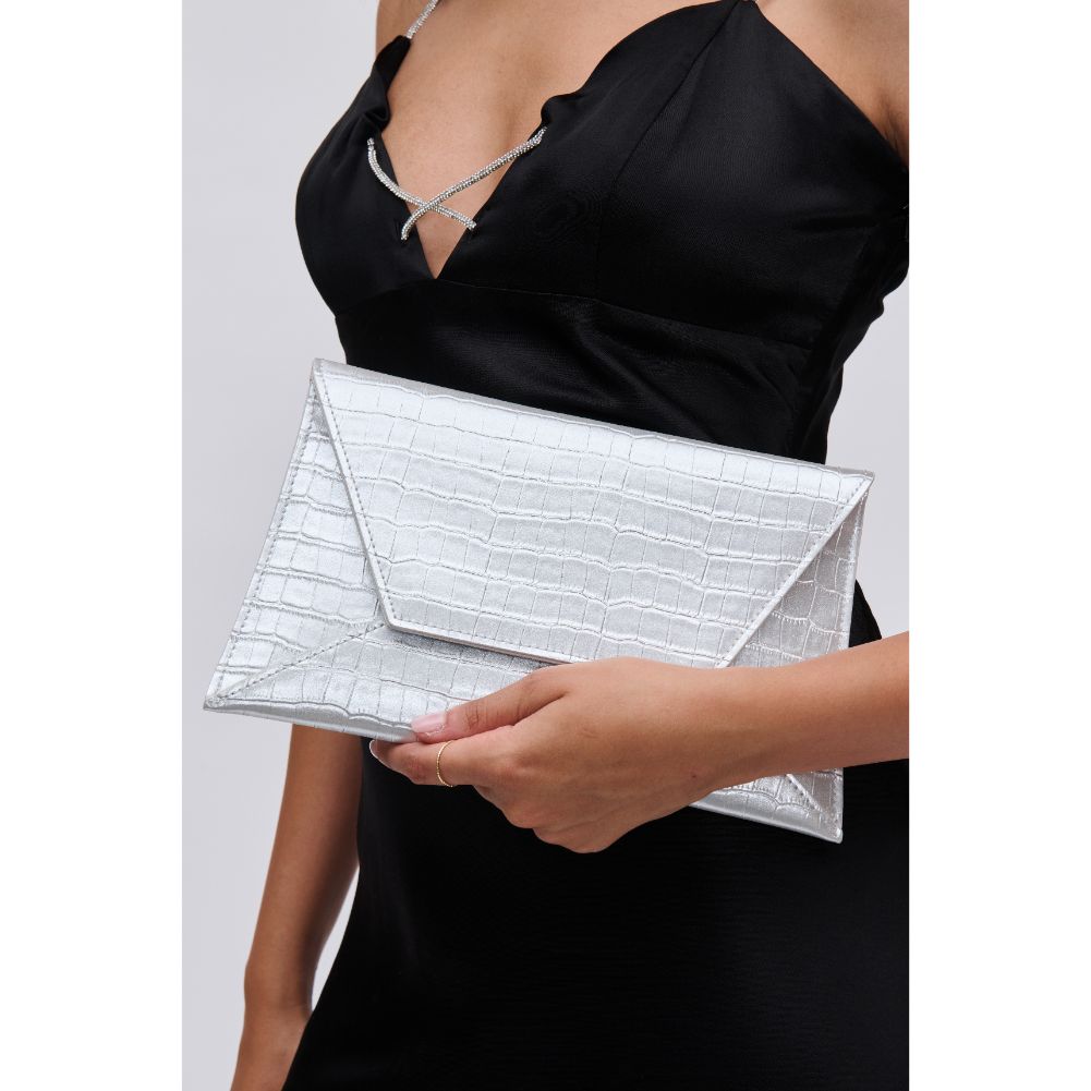 Woman wearing Silver Urban Expressions Cora - Croco Clutch 840611109729 View 4 | Silver