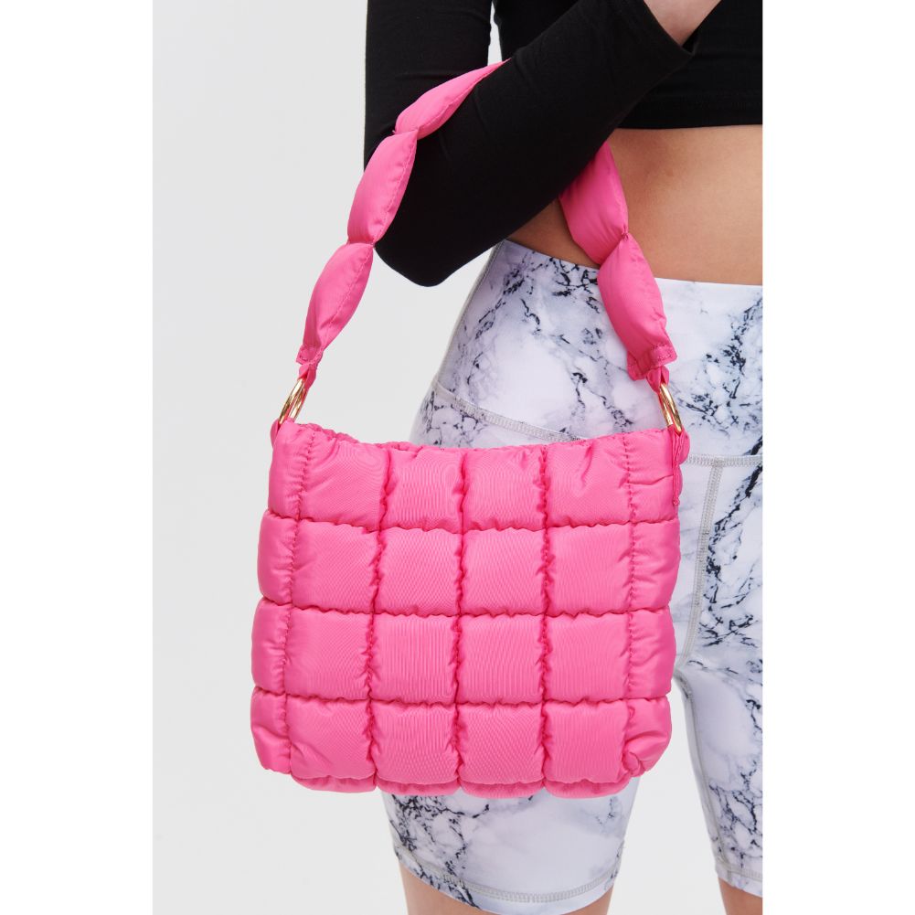 Woman wearing Magenta Urban Expressions Wylie - Quilted Nylon Hobo 840611108173 View 1 | Magenta