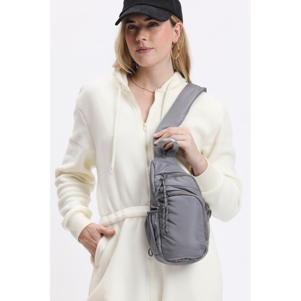 Woman wearing Grey Urban Expressions Parc Sling Backpack 840611114433 View 1 | Grey