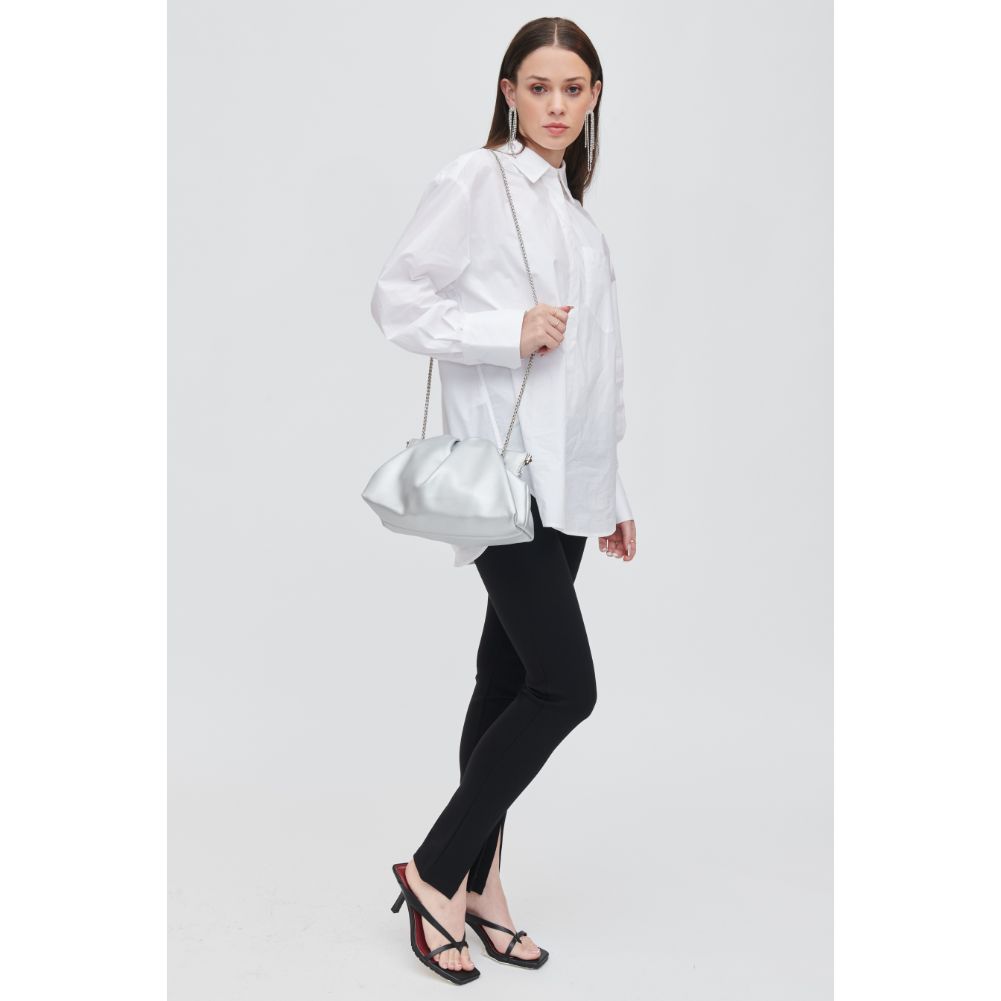 Woman wearing Silver Urban Expressions Kacey Clutch 840611112972 View 3 | Silver