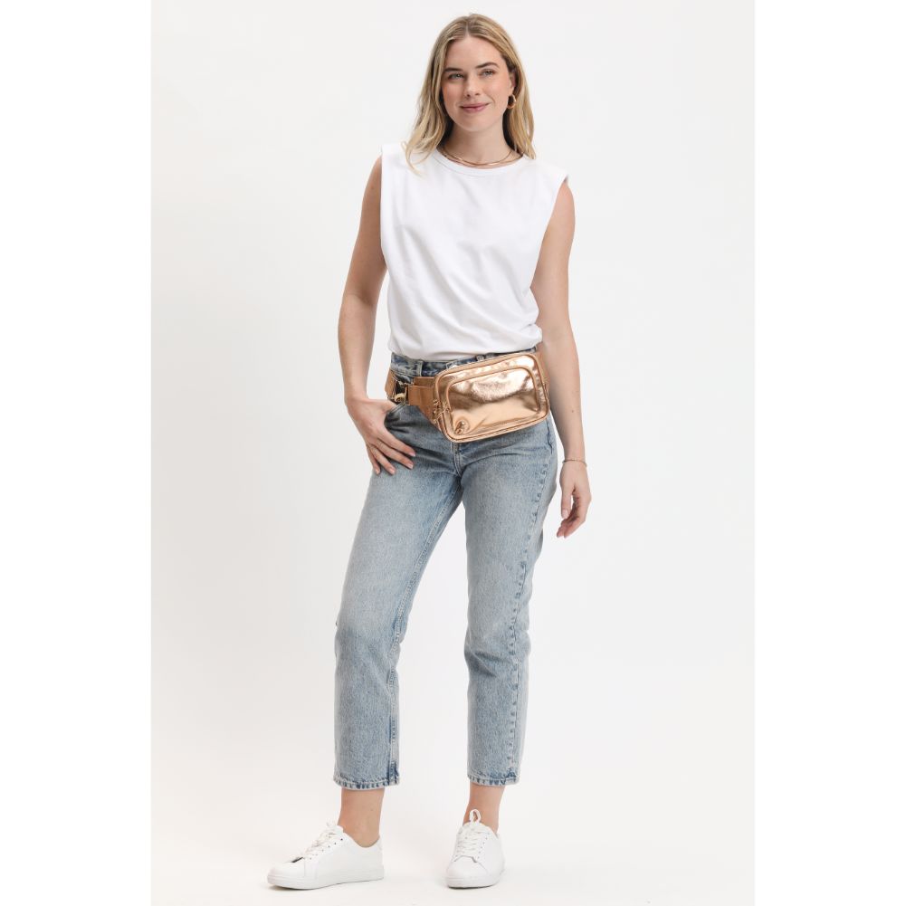 Woman wearing Rose Gold Urban Expressions Minnie Belt Bag 840611120878 View 4 | Rose Gold