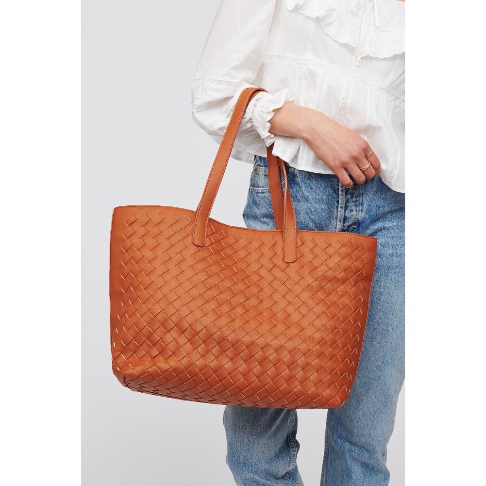 Woman wearing Tan Urban Expressions Valencia - Woven Tote 840611101624 View 4 | Tan