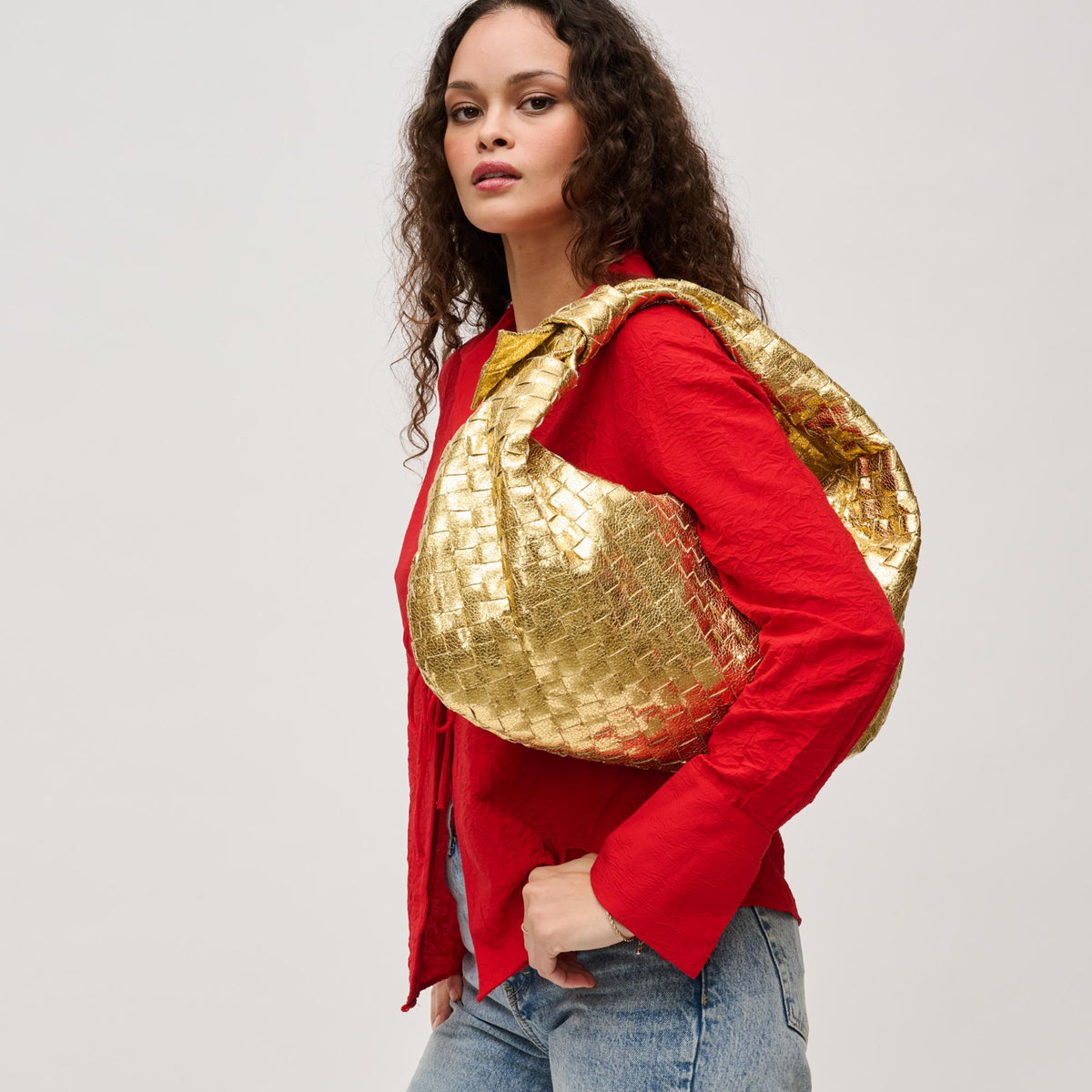 Woman wearing Gold Urban Expressions Dollie Hobo 840611128423 View 2 | Gold