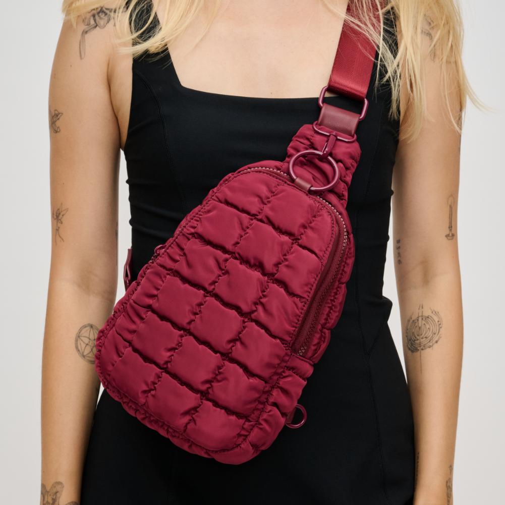 Woman wearing Burgundy Urban Expressions Bristol Sling Backpack 840611194091 View 1 | Burgundy