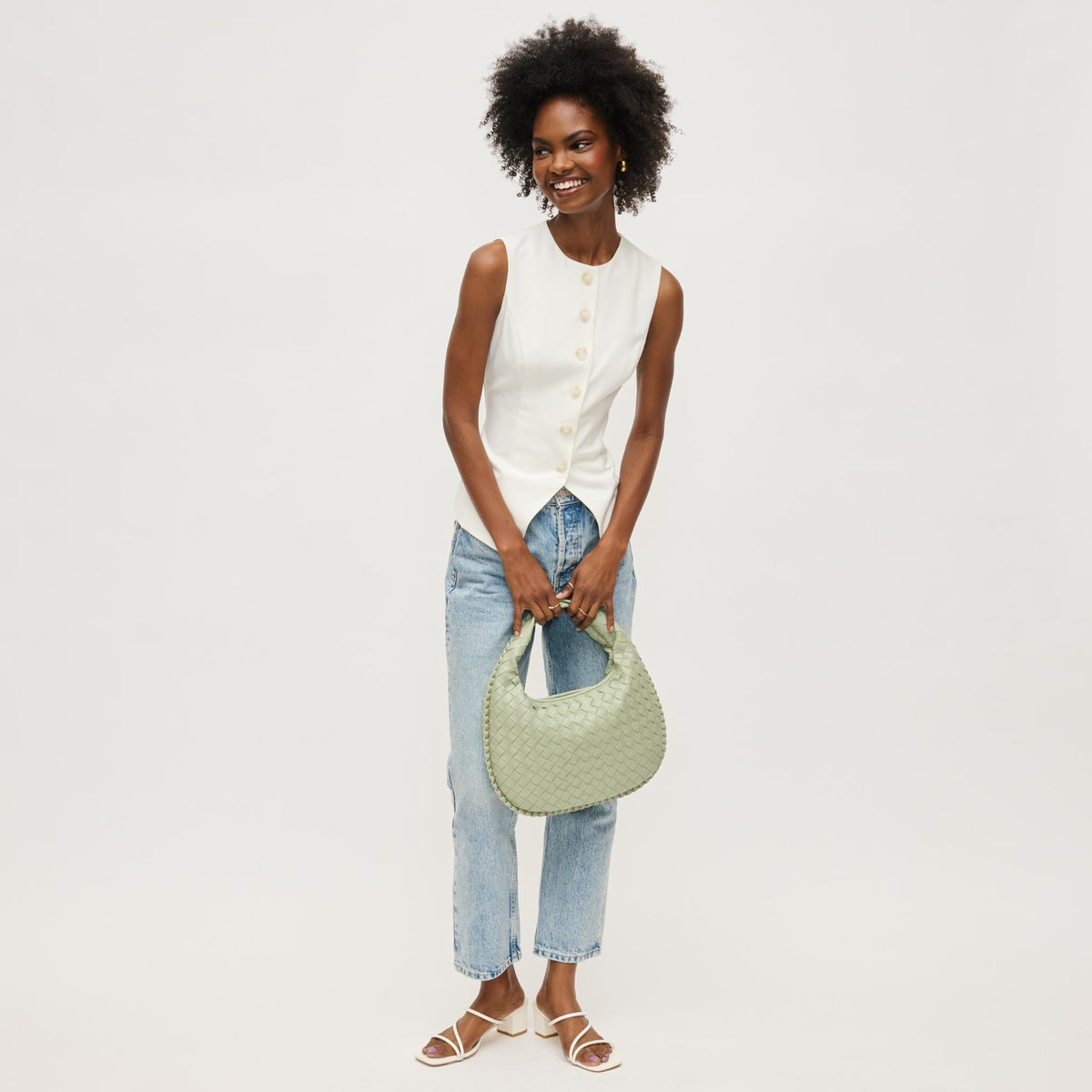 Woman wearing Sage Urban Expressions Wendy Hobo 840611150370 View 4 | Sage