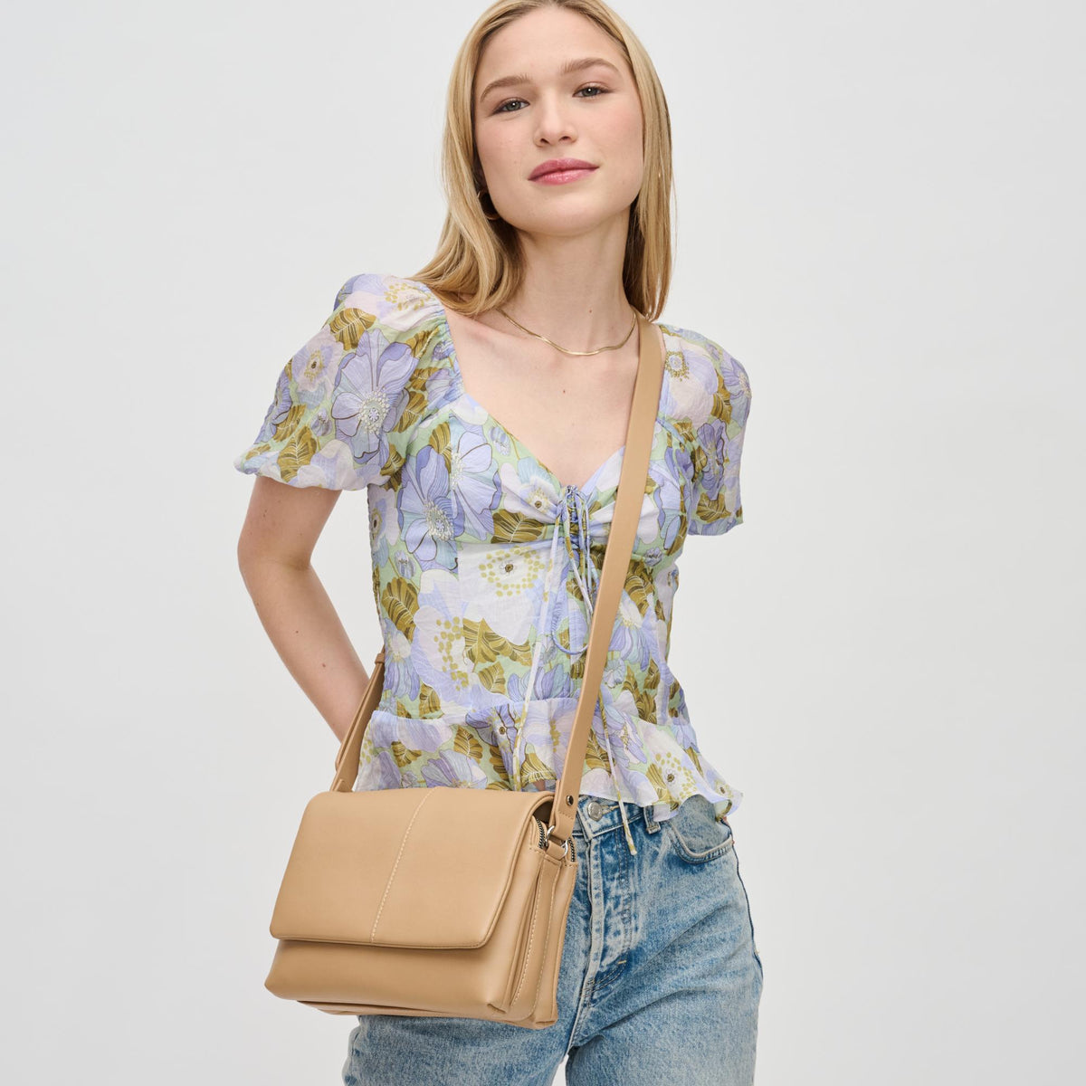 Woman wearing Camel Urban Expressions Avonlea Crossbody 840611130204 View 2 | Camel