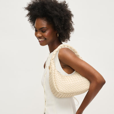 Woman wearing Oatmilk Urban Expressions Laken Crossbody 840611144577 View 1 | Oatmilk