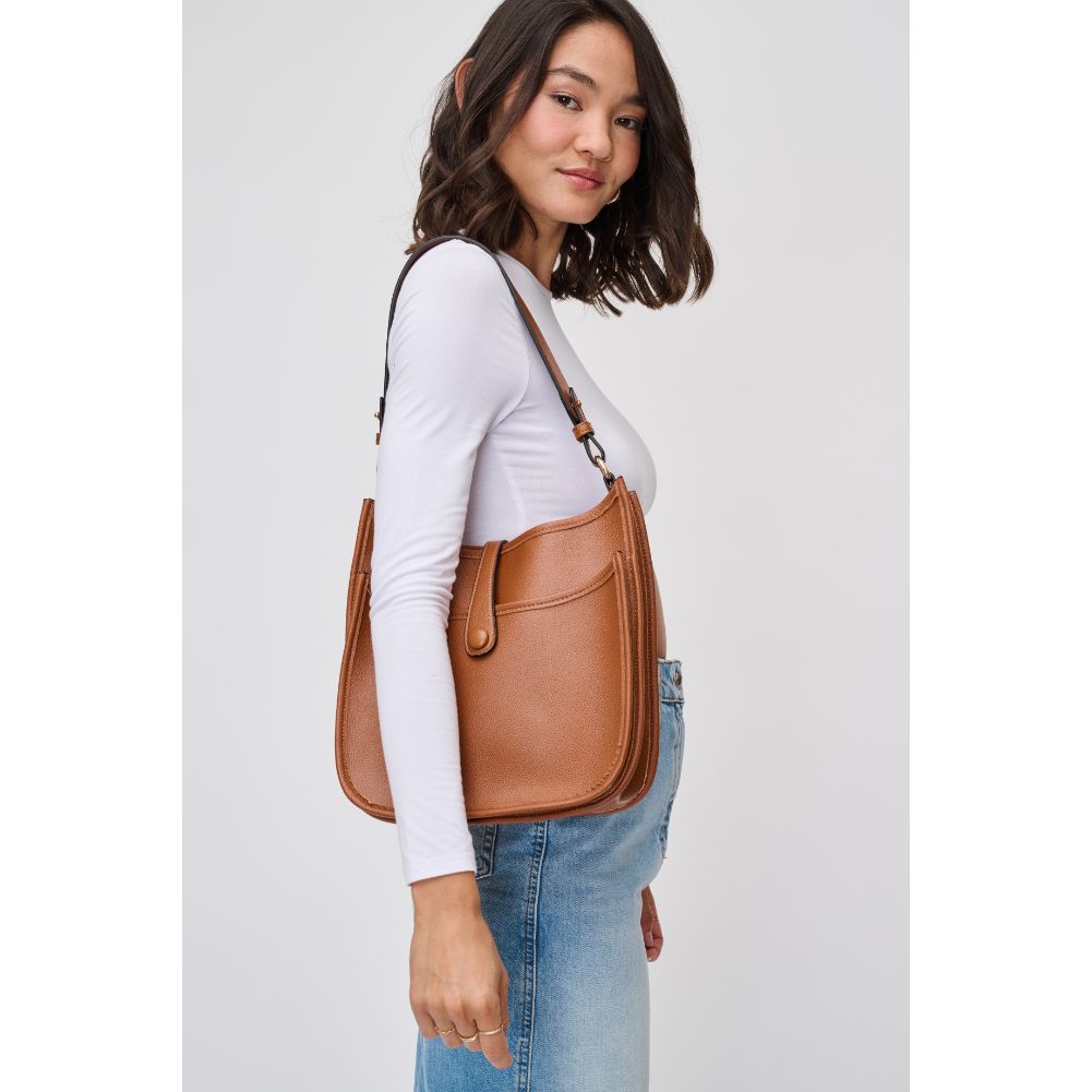 Woman wearing Tan Urban Expressions Leota Crossbody 840611119926 View 1 | Tan