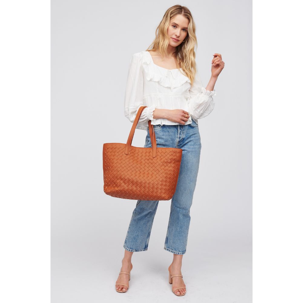 Woman wearing Tan Urban Expressions Valencia - Woven Tote 840611101624 View 3 | Tan