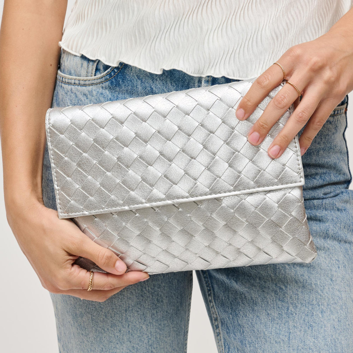 Woman wearing Silver Urban Expressions Ivy Clutch 840611133342 View 1 | Silver