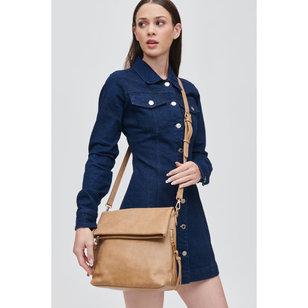 Woman wearing Tan Urban Expressions Wellington Crossbody 840611112217 View 2 | Tan