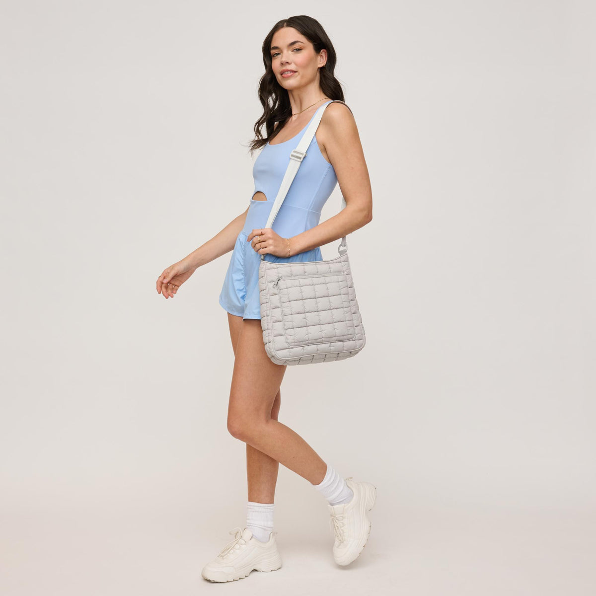 Woman wearing Dove Grey Urban Expressions Fia Crossbody 840611140050 View 3 | Dove Grey