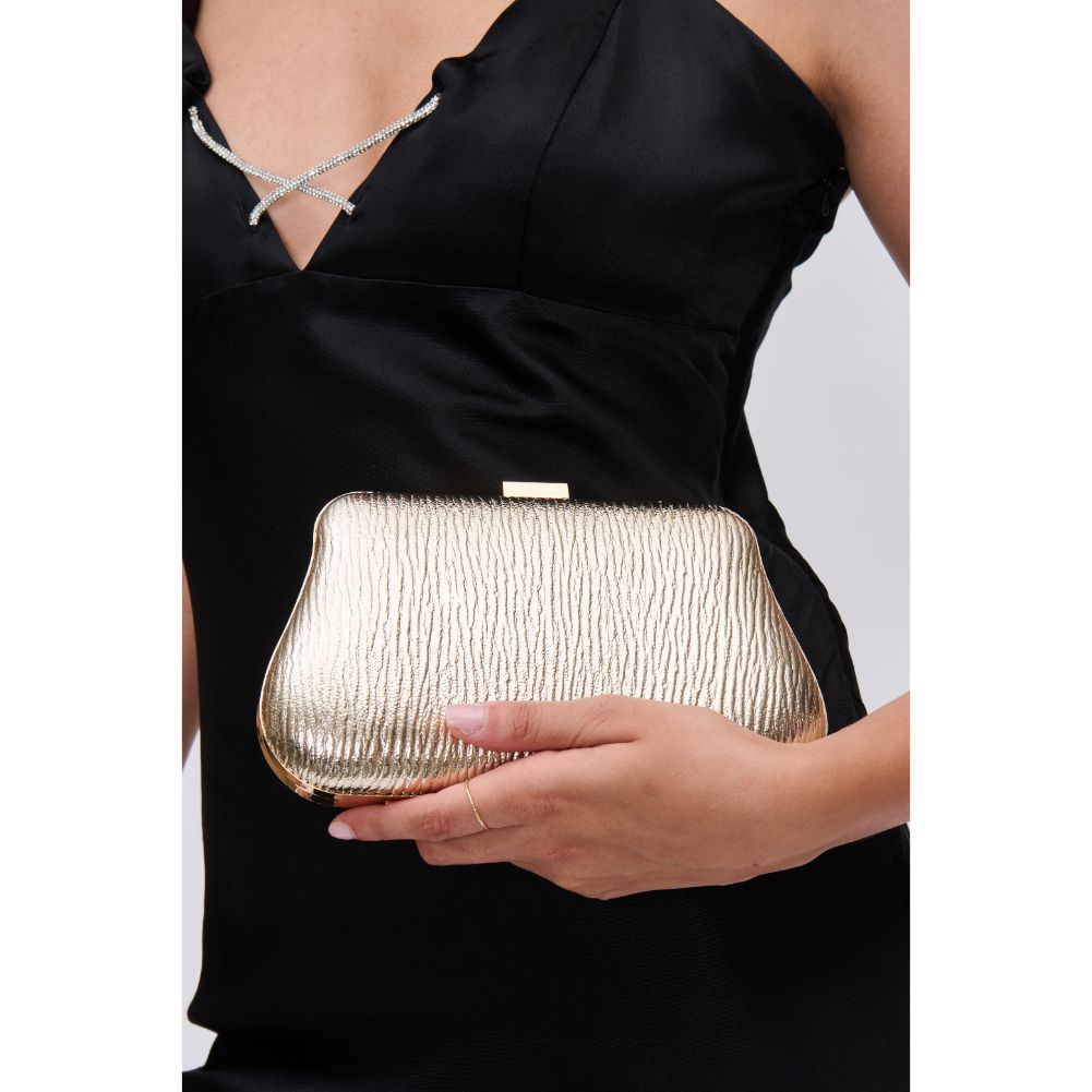 Woman wearing Gold Urban Expressions Merigold Evening Bag 840611114129 View 1 | Gold