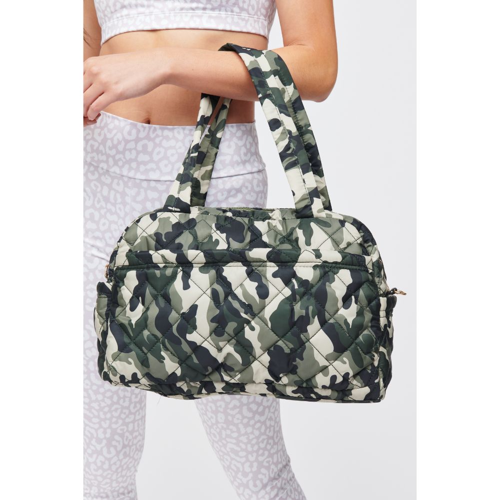 Woman wearing Green Camo Urban Expressions Spencer - Quilted Nylon Weekender 840611184276 View 1 | Green Camo