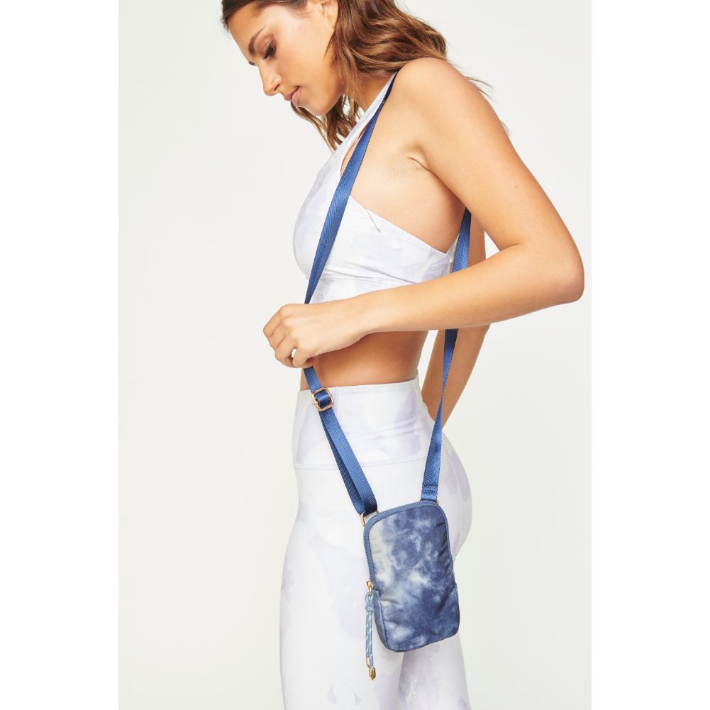 Woman wearing Blue Tie Dye Urban Expressions Tess Cell Phone Crossbody 840611177575 View 2 | Blue Tie Dye