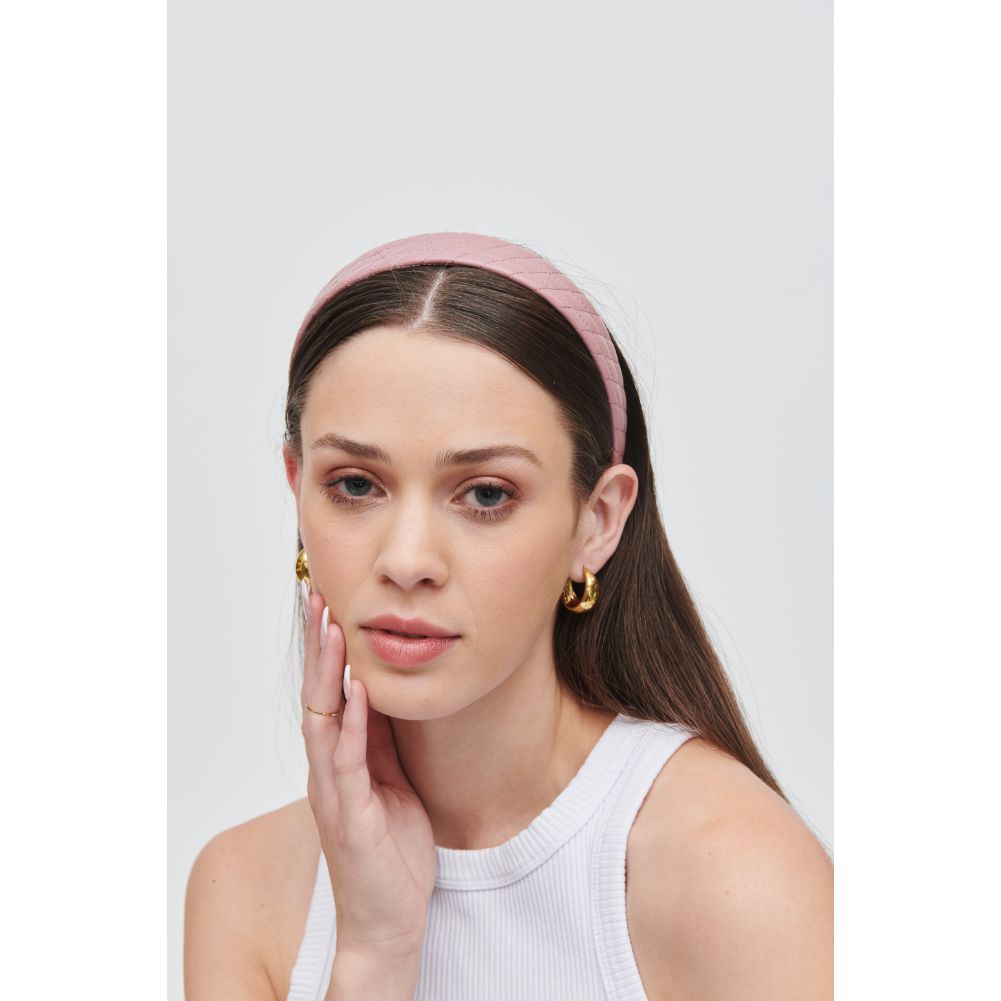 Woman wearing Pink Urban Expressions Quilted Vegan Leather Headband Headband 818209014199 View 2 | Pink