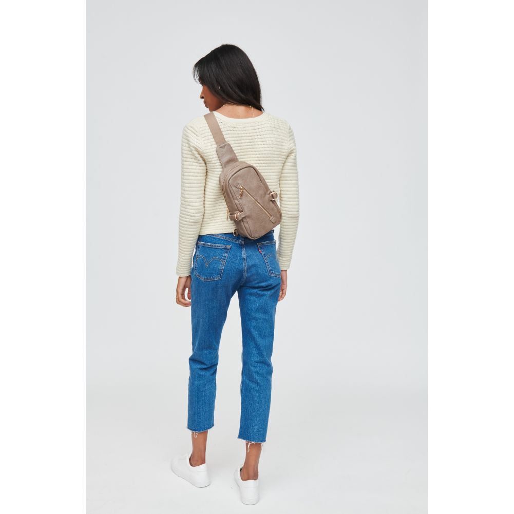 Woman wearing Taupe Urban Expressions Micah Sling Backpack 840611108791 View 4 | Taupe