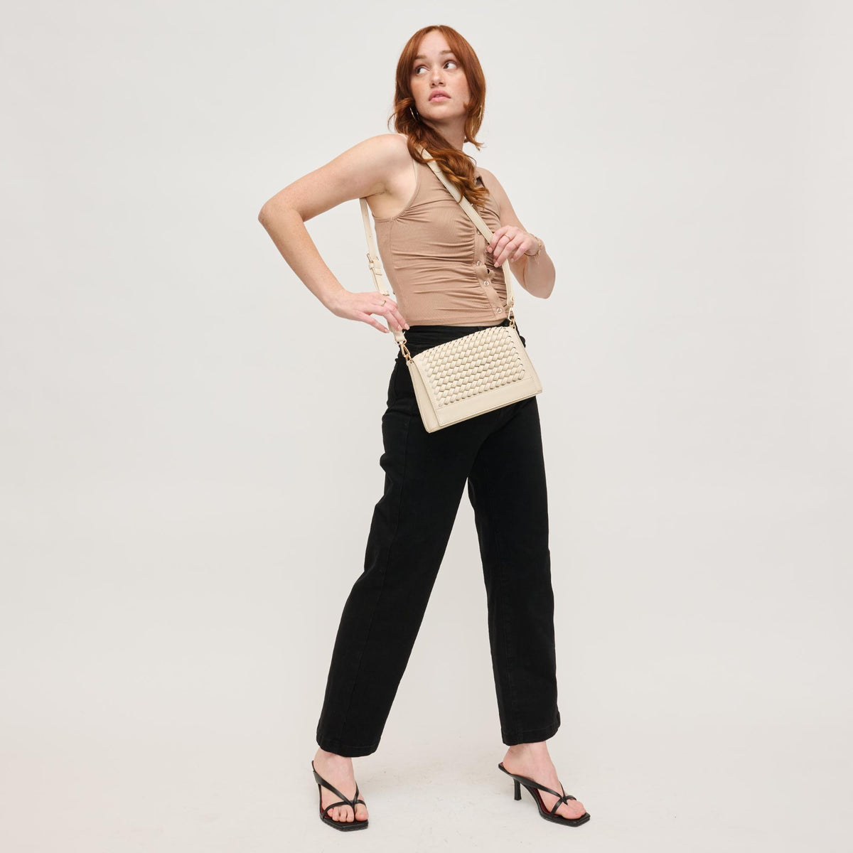 Woman wearing Oatmilk Urban Expressions Nina Crossbody 840611144539 View 3 | Oatmilk