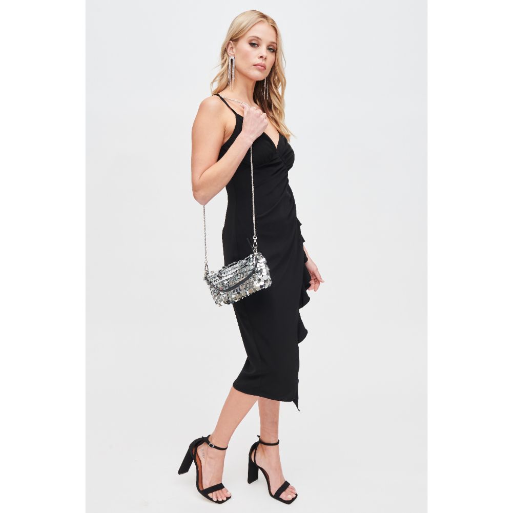 Woman wearing Silver Urban Expressions Twiggy Evening Bag 840611110114 View 4 | Silver