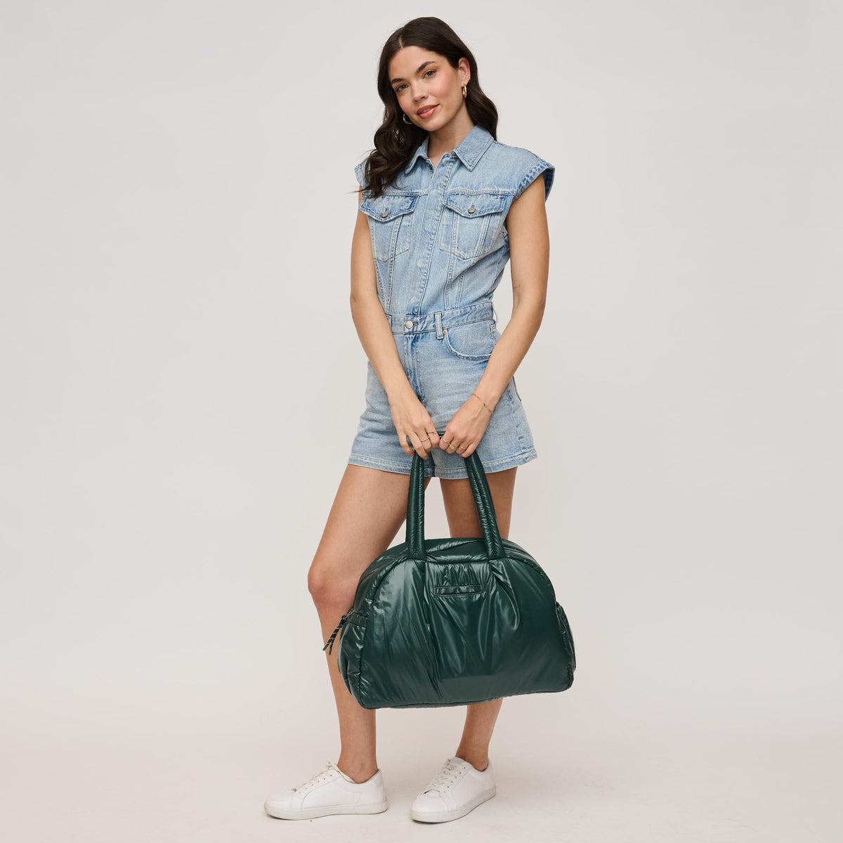 Woman wearing Hunter Green Urban Expressions Rae Duffel 840611141248 View 3 | Hunter Green