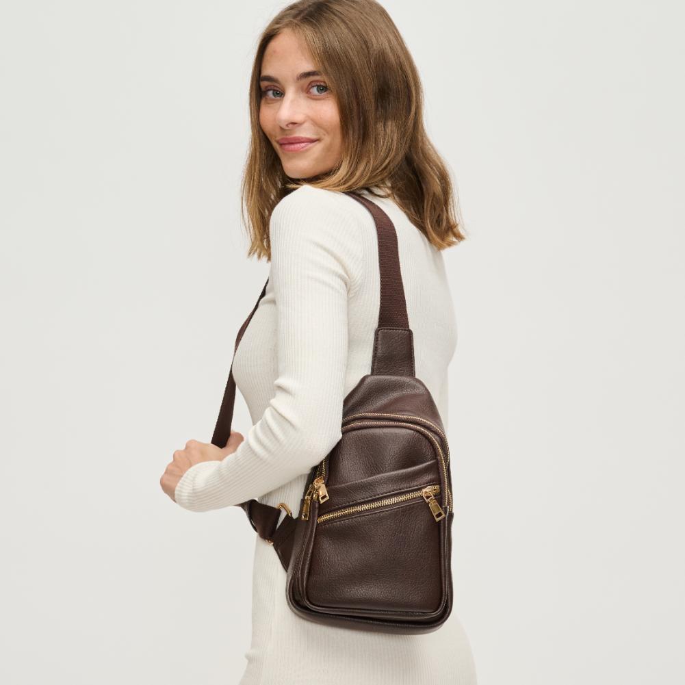 Woman wearing Espresso Urban Expressions Zephyr Sling Backpack 840611193285 View 1 | Espresso