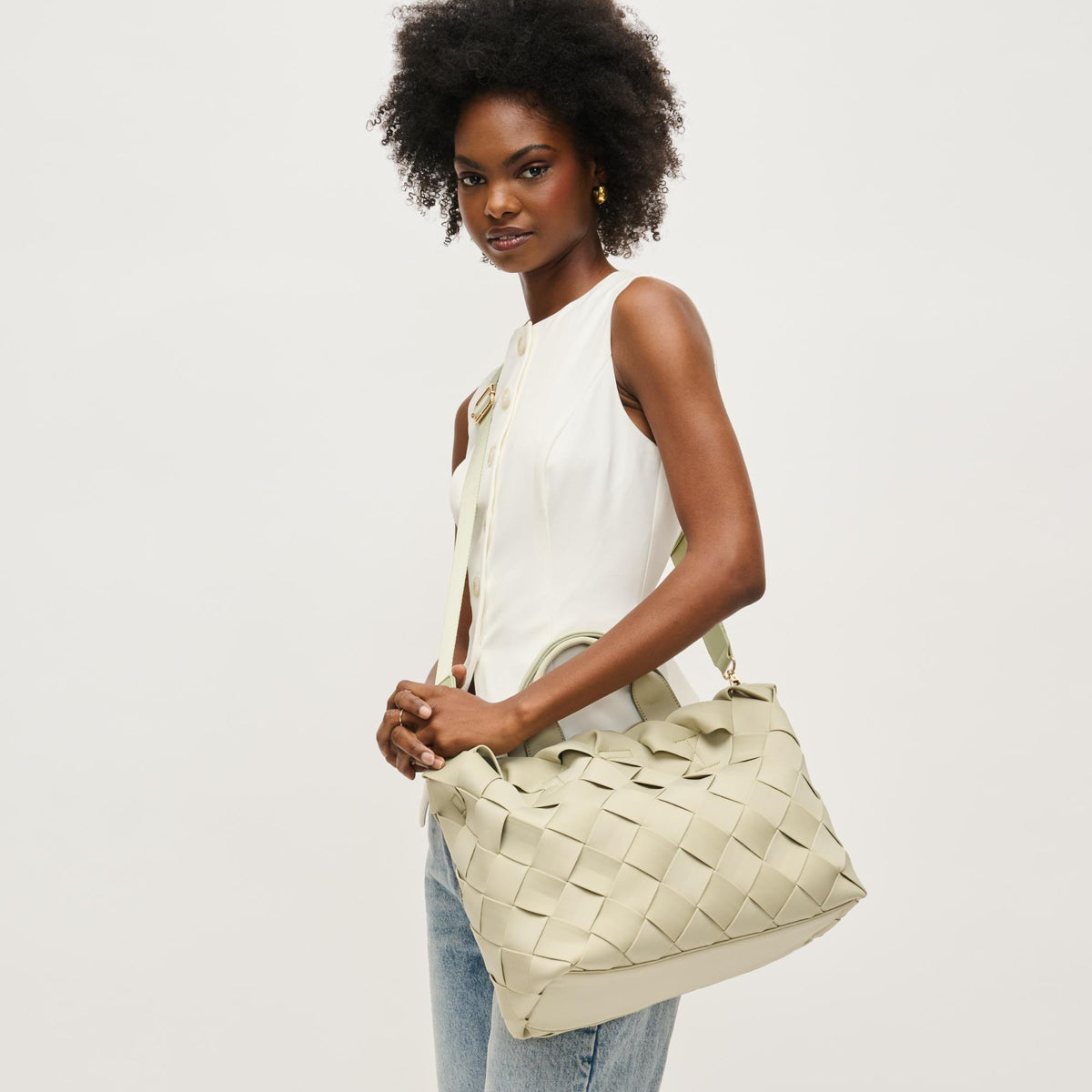 Woman wearing Sage Urban Expressions Ruth Tote 840611146755 View 1 | Sage