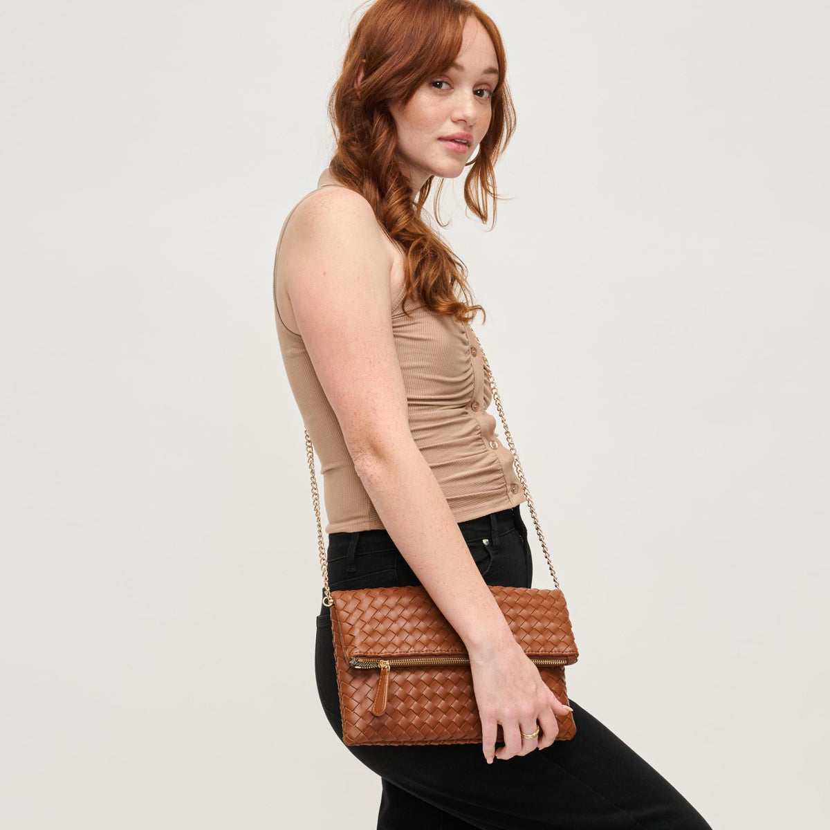 Woman wearing Light Chocolate Urban Expressions Grace Clutch 840611145031 View 2 | Light Chocolate