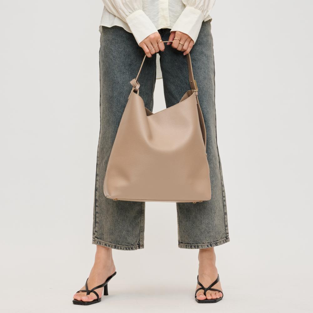 Woman wearing Taupe Urban Expressions Zelda Hobo 840611139207 View 3 | Taupe