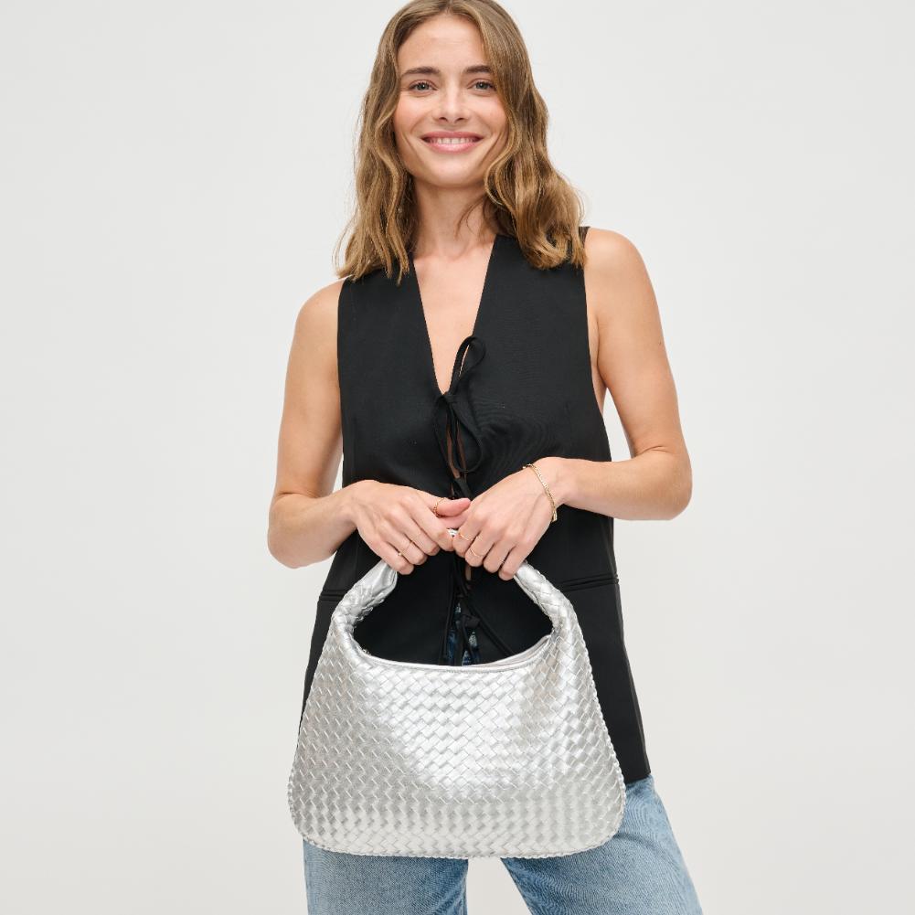 Woman wearing Silver Urban Expressions Adela Hobo 840611134523 View 2 | Silver