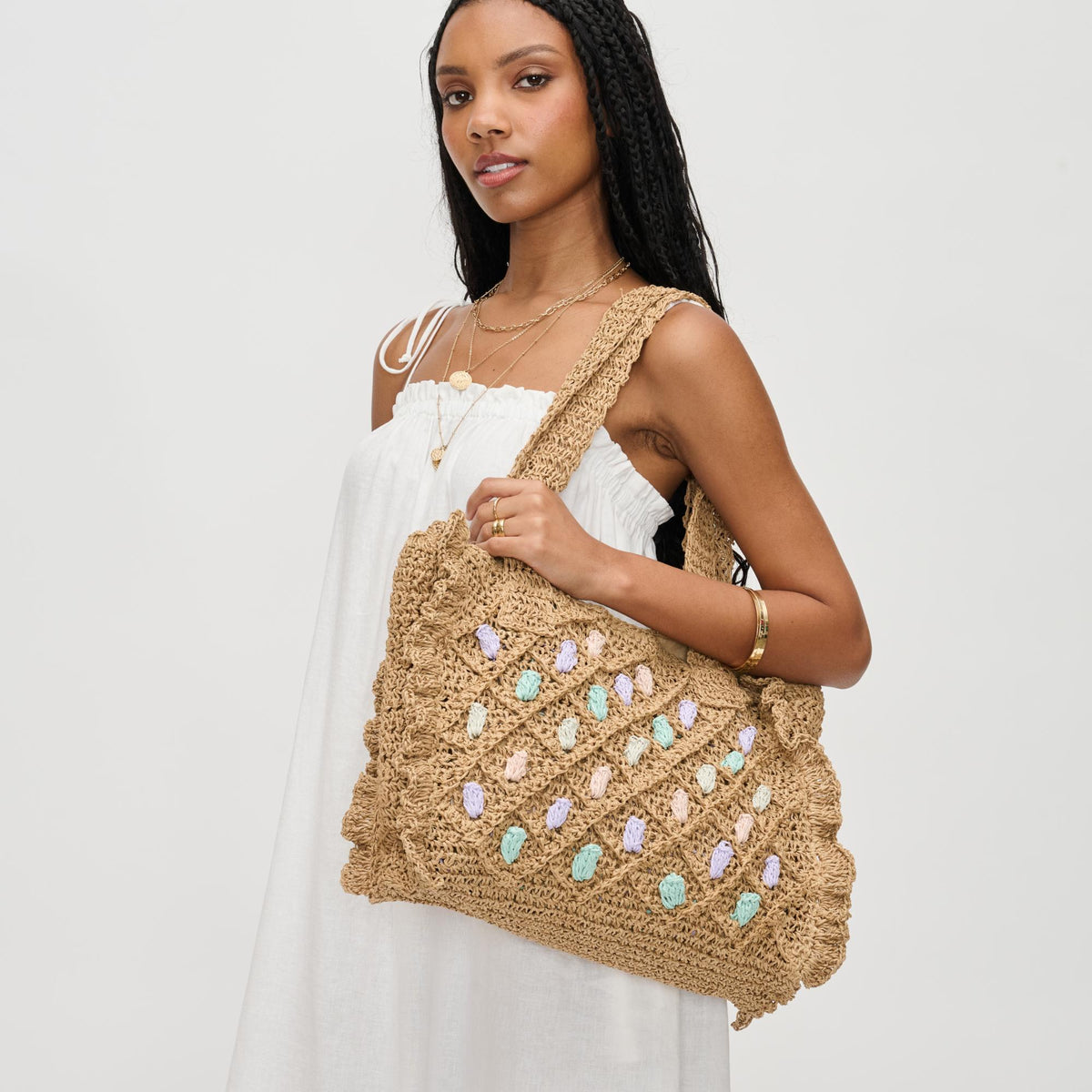 Woman wearing Natural Urban Expressions Calliope Tote 840611129352 View 2 | Natural