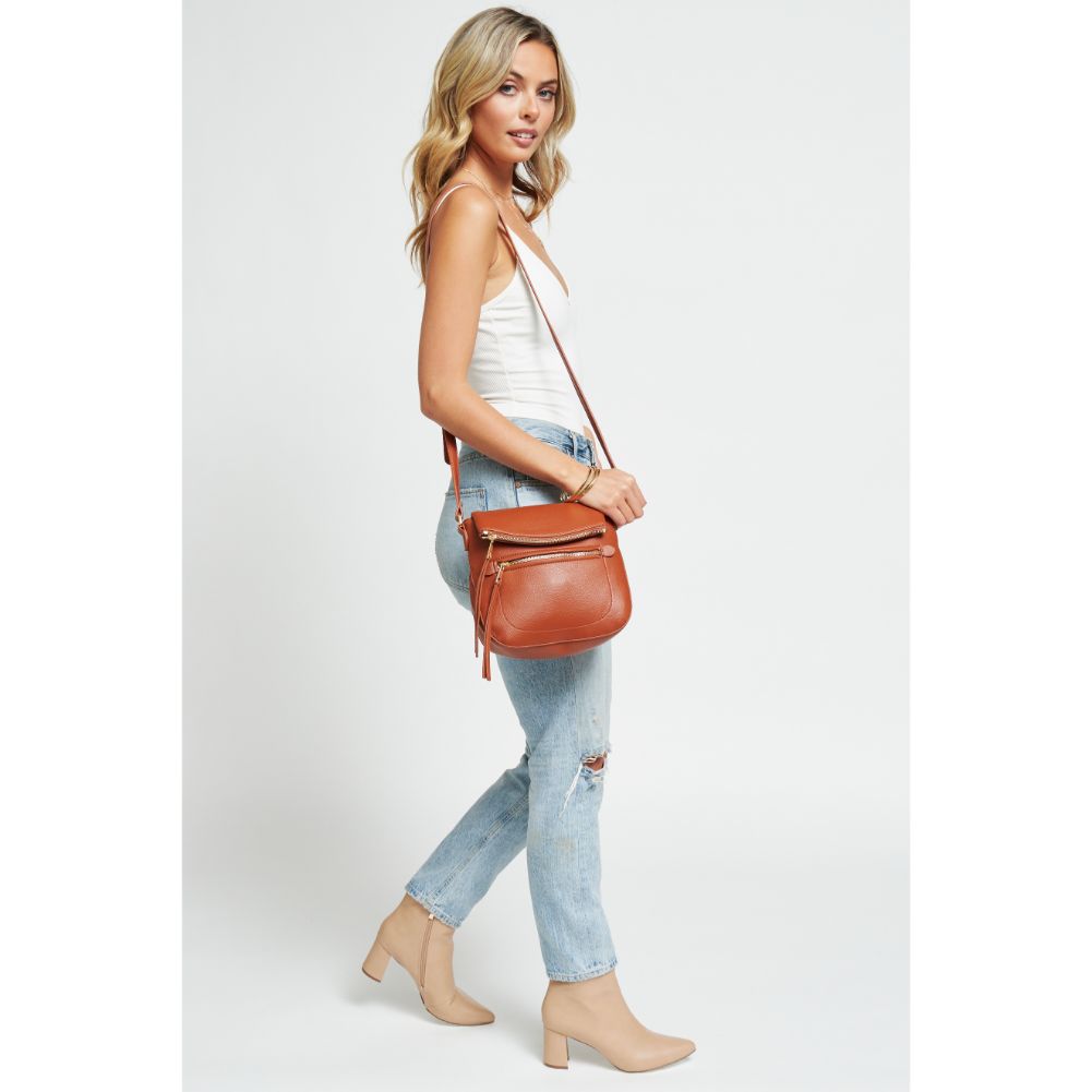 Woman wearing Cognac Urban Expressions Jean Crossbody 840611177193 View 3 | Cognac