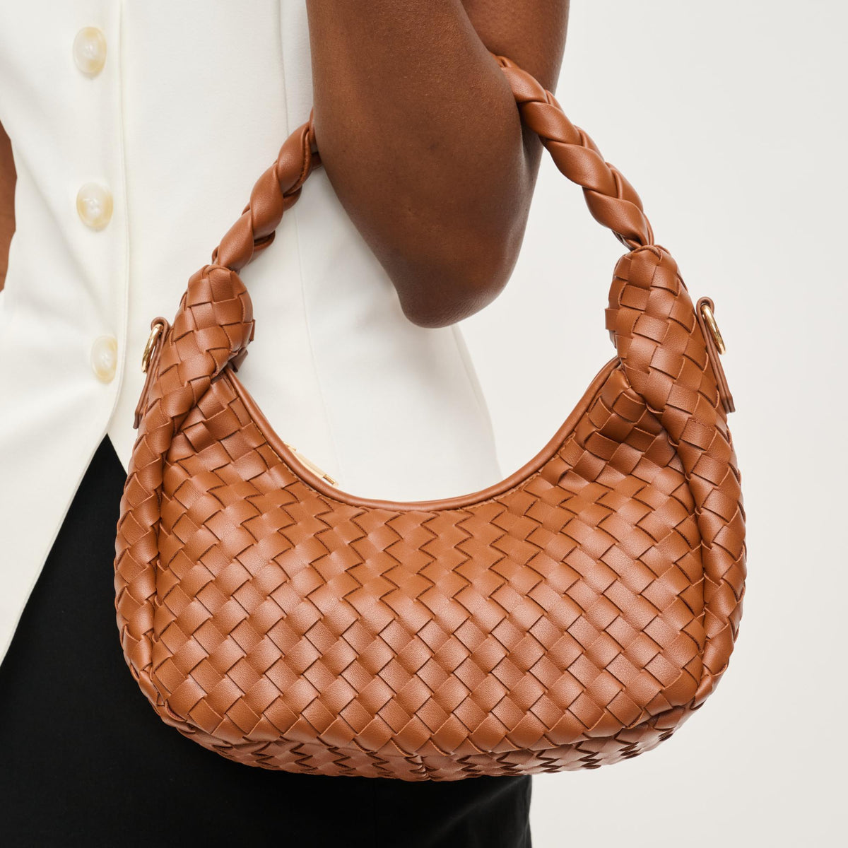 Woman wearing Light Chocolate Urban Expressions Laken Crossbody 840611144591 View 1 | Light Chocolate