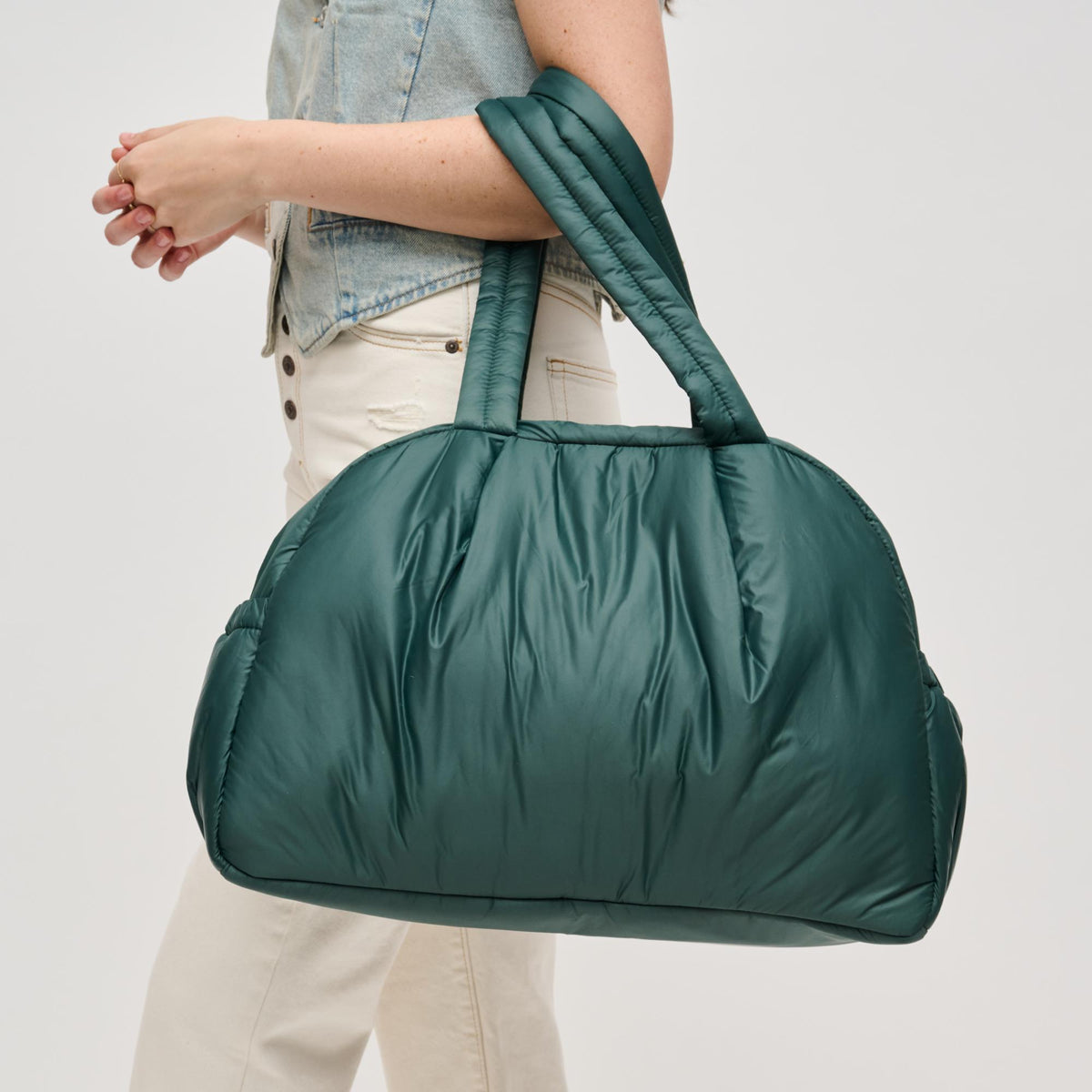 Woman wearing Hunter Green Urban Expressions Rae Duffel 840611141248 View 1 | Hunter Green