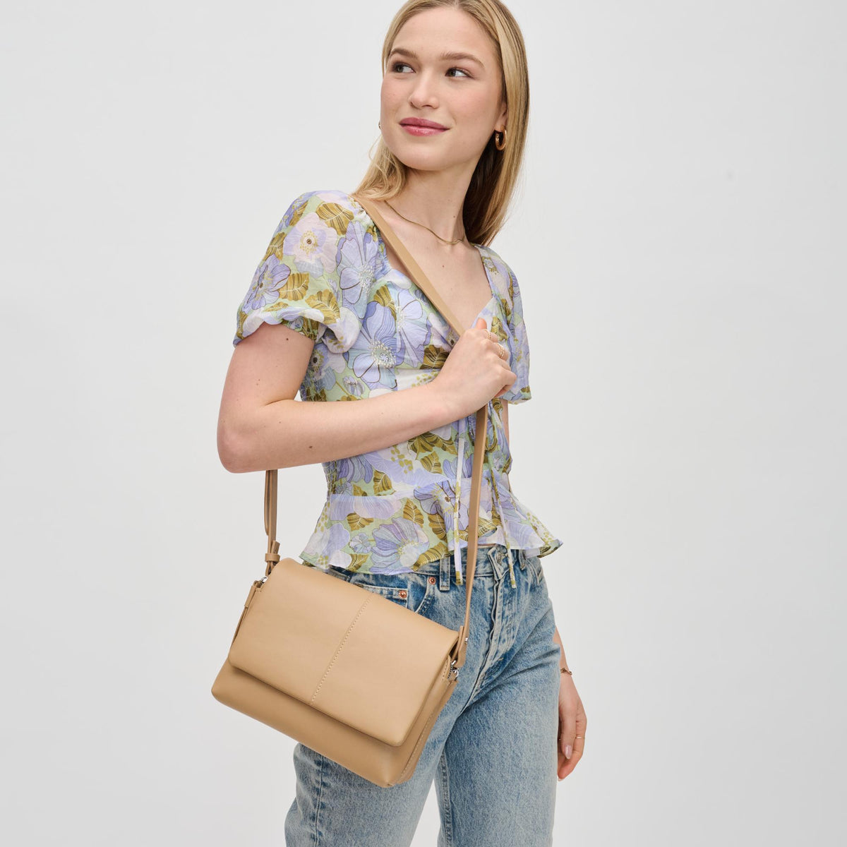 Woman wearing Camel Urban Expressions Avonlea Crossbody 840611130204 View 1 | Camel