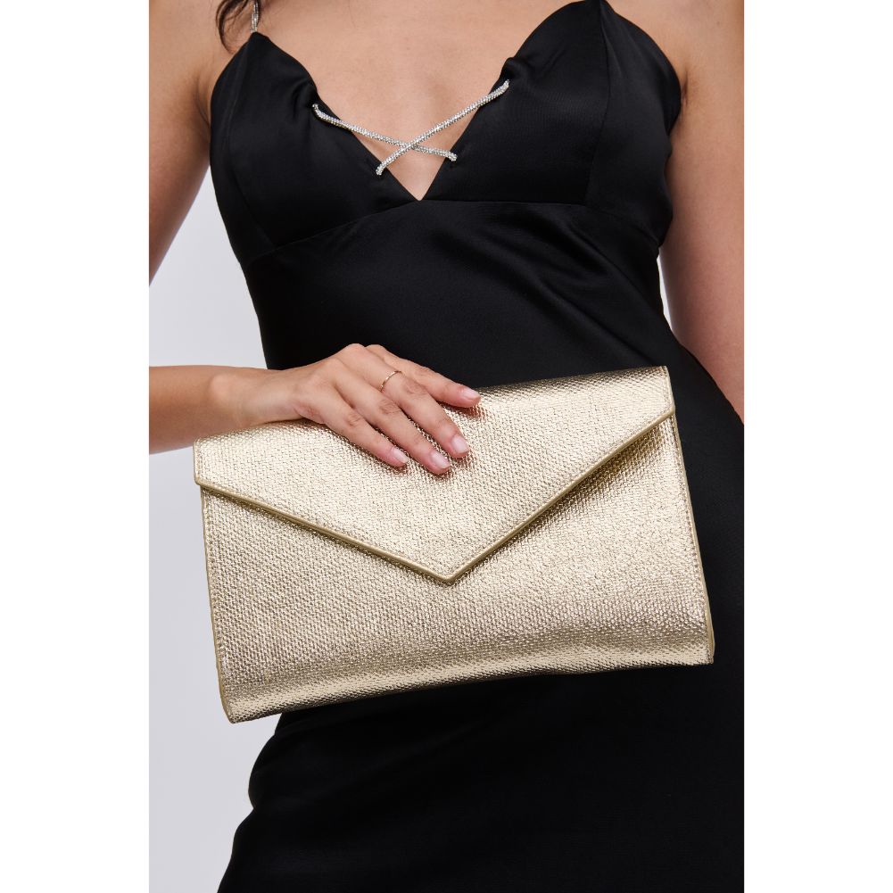 Woman wearing Gold Urban Expressions Riva Clutch 840611114549 View 1 | Gold