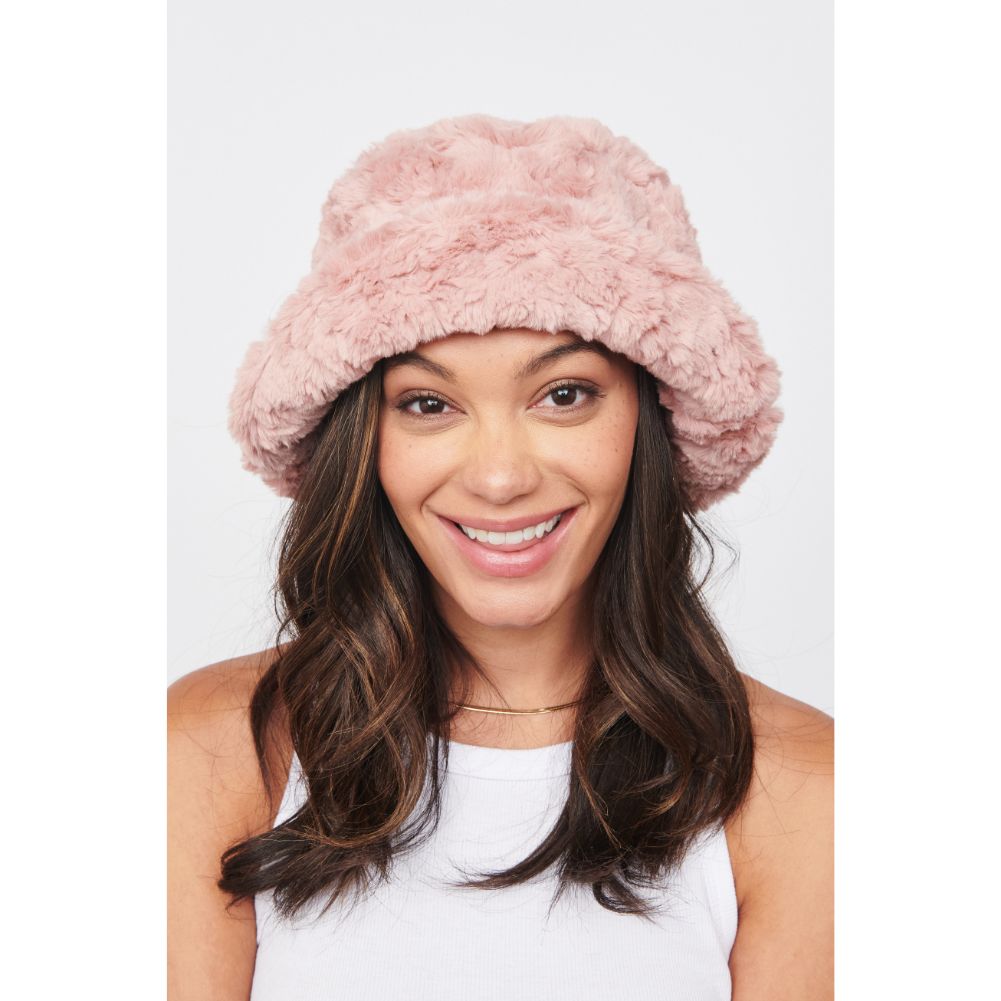 Woman wearing Blush Urban Expressions Faux Fur Bucket Hat Bucket Hat 818209014632 View 1 | Blush